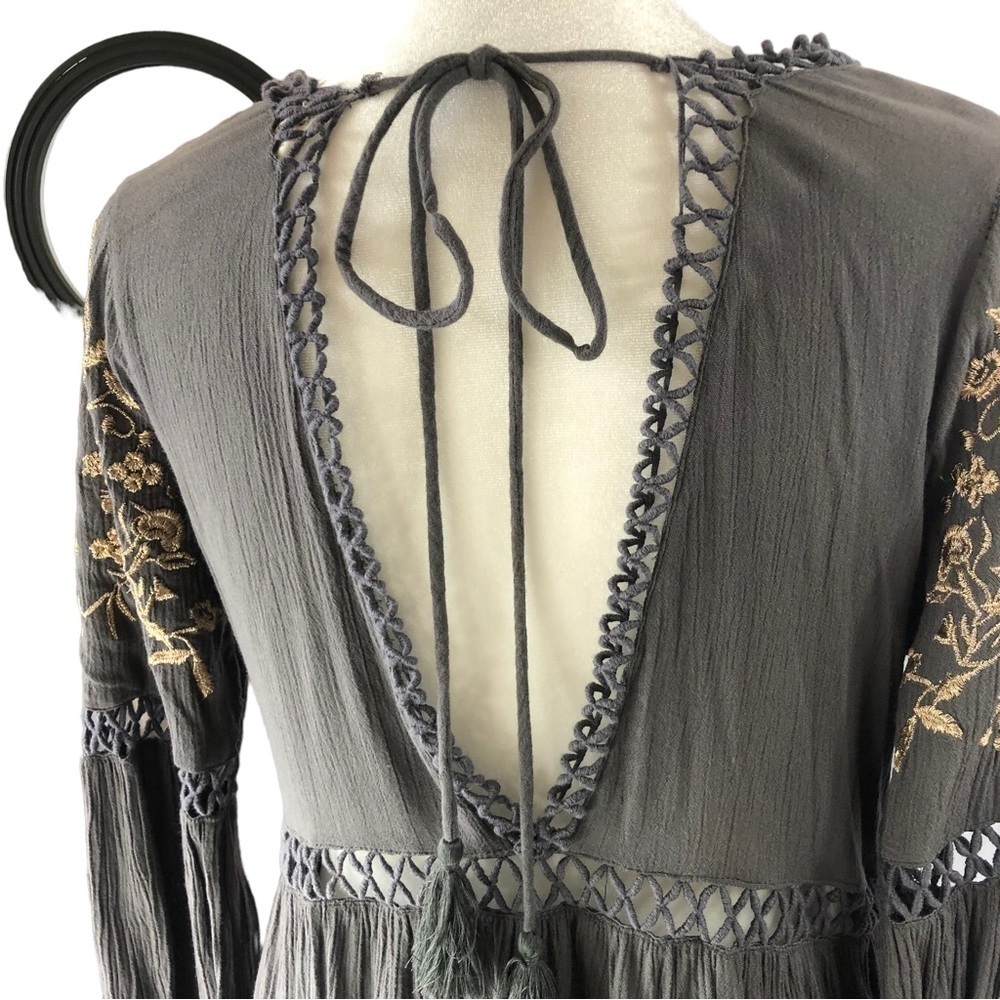 En Crème Popover Top Dress Women M Gray with Gold Metallic Thread Embroidery - Picture 6 of 11